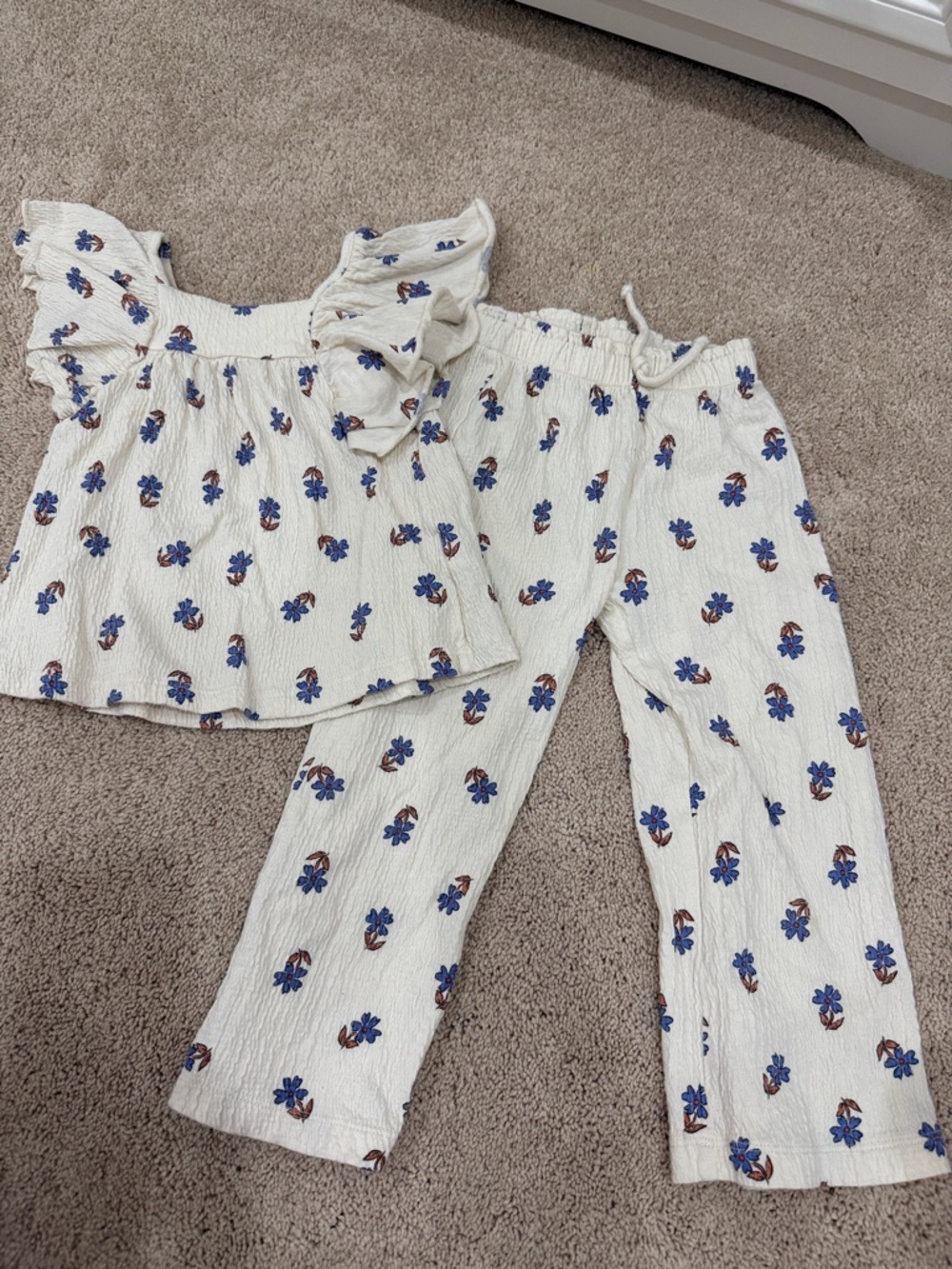 Zara Cream Floral Two-Piece Set with Blue and Brown Accents